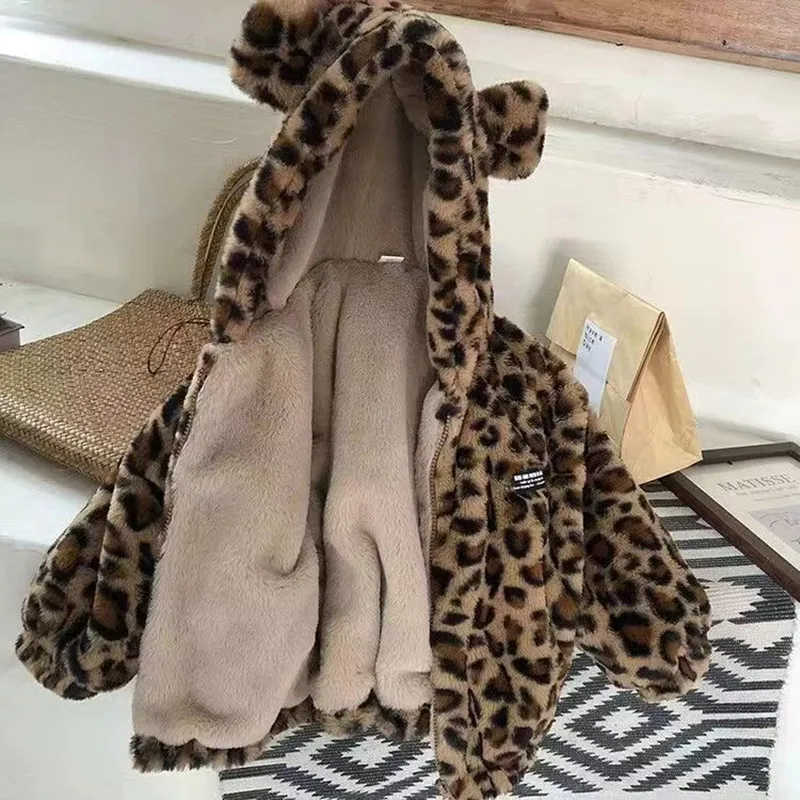 2024 Baby Girls Boys Leopard Hooded Winter Coats Soft Fake Fur Warm Fashion Kids Overcoats Jackets Children Clothes