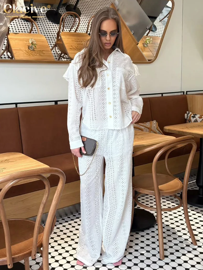 

Clacive Fashion Loose White Cotton Women's Two Pieces Set 2025 Elegant Long Sleeve Shirt With High Waist Wide Pants Set Female