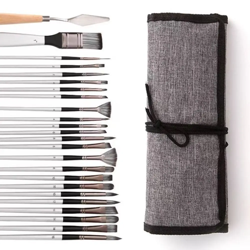 Cloth Roll 24Pcs Artist Paint Brushes Set Nylon Hair with Scraper Watercolor Brush Pen Wooden Handle Delicate
