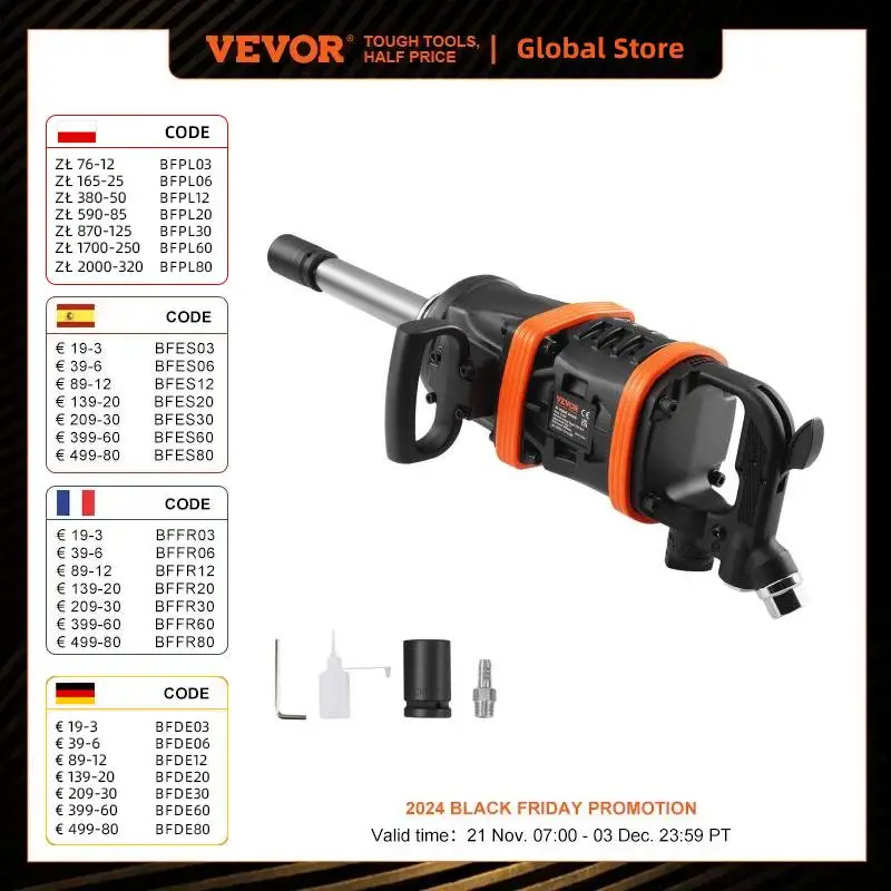 VEVOR 1 Inch Air Impact Wrench, Up to 5175 ft-lbs Beast Reverse Torque Output Pneumatic Impact Gun w/ 8 Inch Extended Anvil