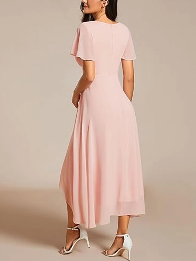 여성용 A 라인 V 넥 프릴 슬리브 Pleated High-Low 공식 파티 드레스 이브닝 칵테일 흐르는 웨딩 드레스 이브닝 가운