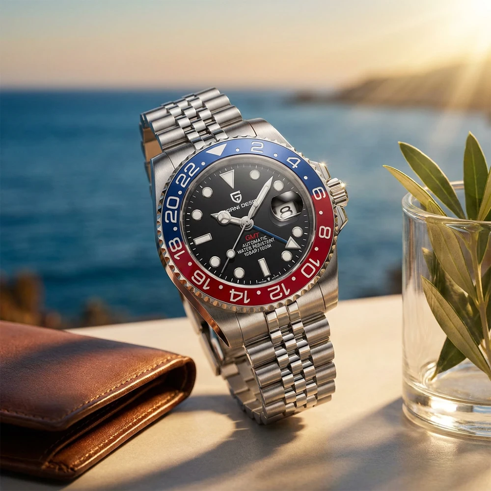 2026 New PAGANI DESIGN diving Luxury Automatic mechanical watch GMT Pepsi Watch for Men Red Blue Bezel 100M Waterproof Luminous Stainless Steel Jubilee Bracelet Business Sport Reloj Hombre+GIFT BOX