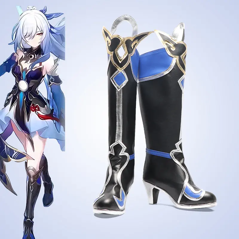 Anime Honkai: Star Rail Jingliu Cosplay Shoes Black High Heels Long PU Leather Boots For Halloween Carnival