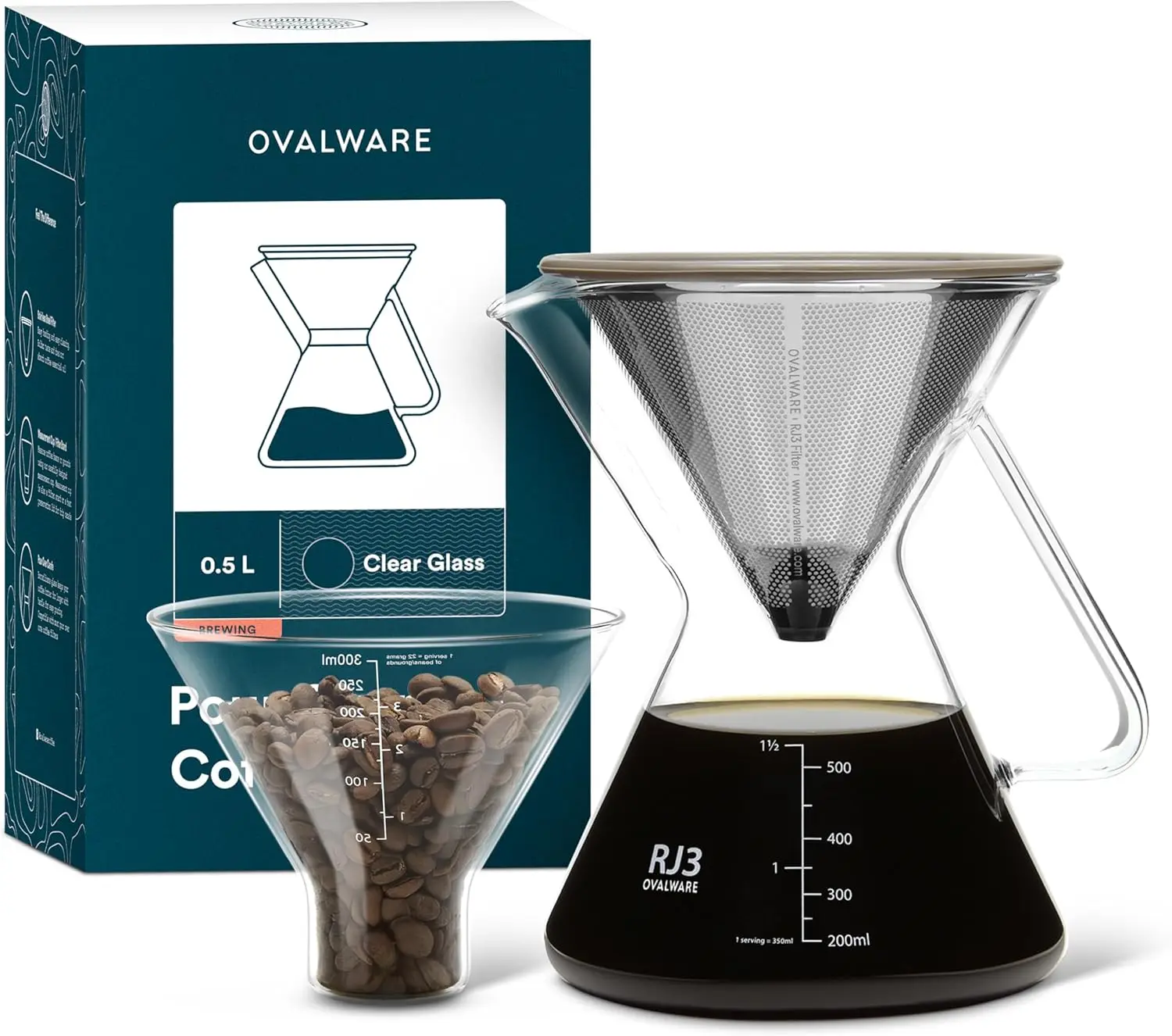 

Pour Over Coffee Maker Set with Glass Carafe, Stainless Steel Filter & Measuring Cup for Home Brewing