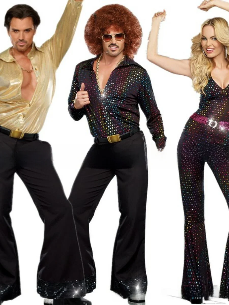 

Костюм для выступлений в стиле хиппи на Хэллоуин, мужской и женский костюм в стиле ретро 70-х годов, футболка из полиэстера, весна 2025 г.