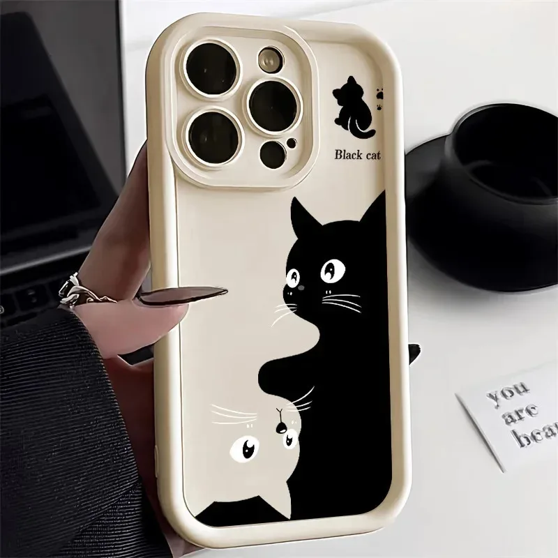 Cute Black Cartoon Cat Silicone Phone Case For iPhone 15 14 13 12 11 Pro Max XS XR X 7 8 Plus SE Candy Lens Protectiou cover