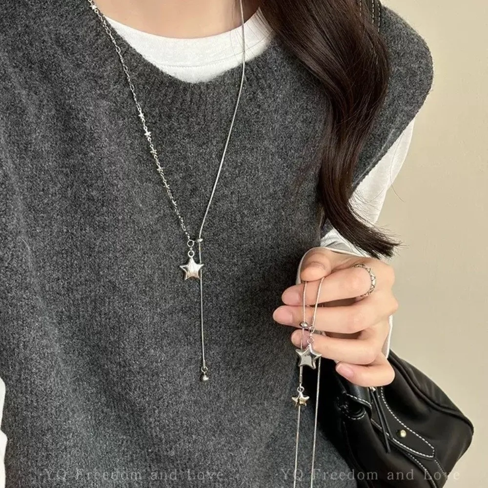 Fashion Silver Star Pendant Asymmetrical Design Long Length Snake Chain Tassel Detail Pendant Style Adjustable Chain Unisex