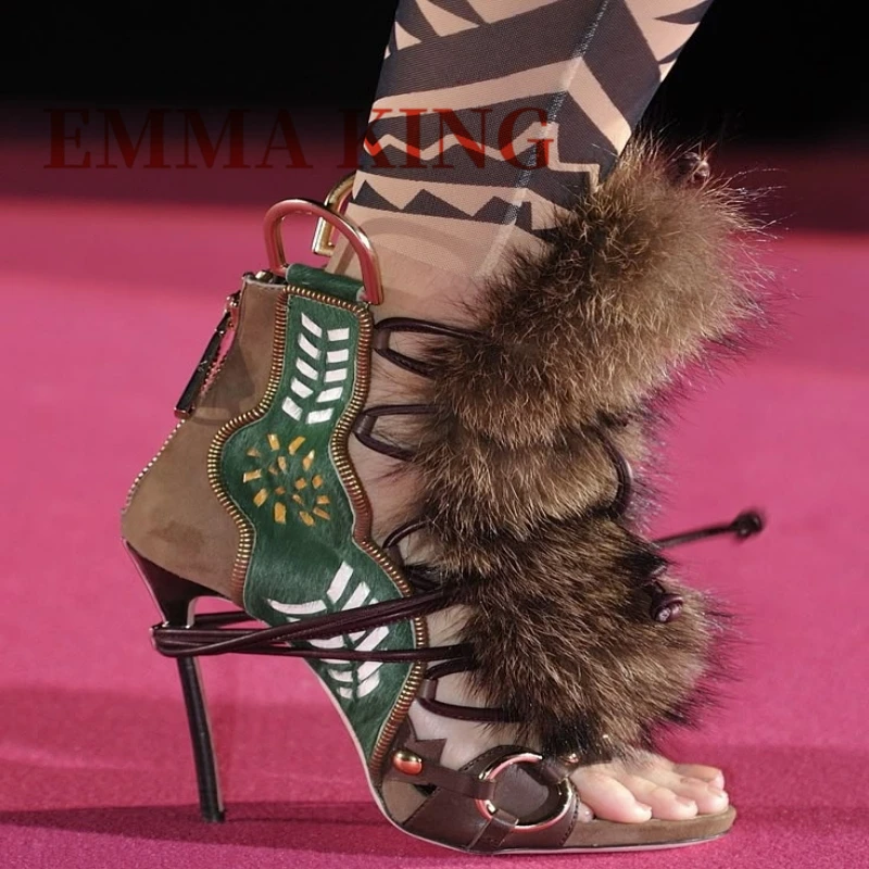 مثير المفتوحة تو Strappy الفراء الصنادل الصيف النساء خمر رقيق أحذية عالية الكعب السيدات موضة المنصة أحذية الحفلات المسائية العصرية