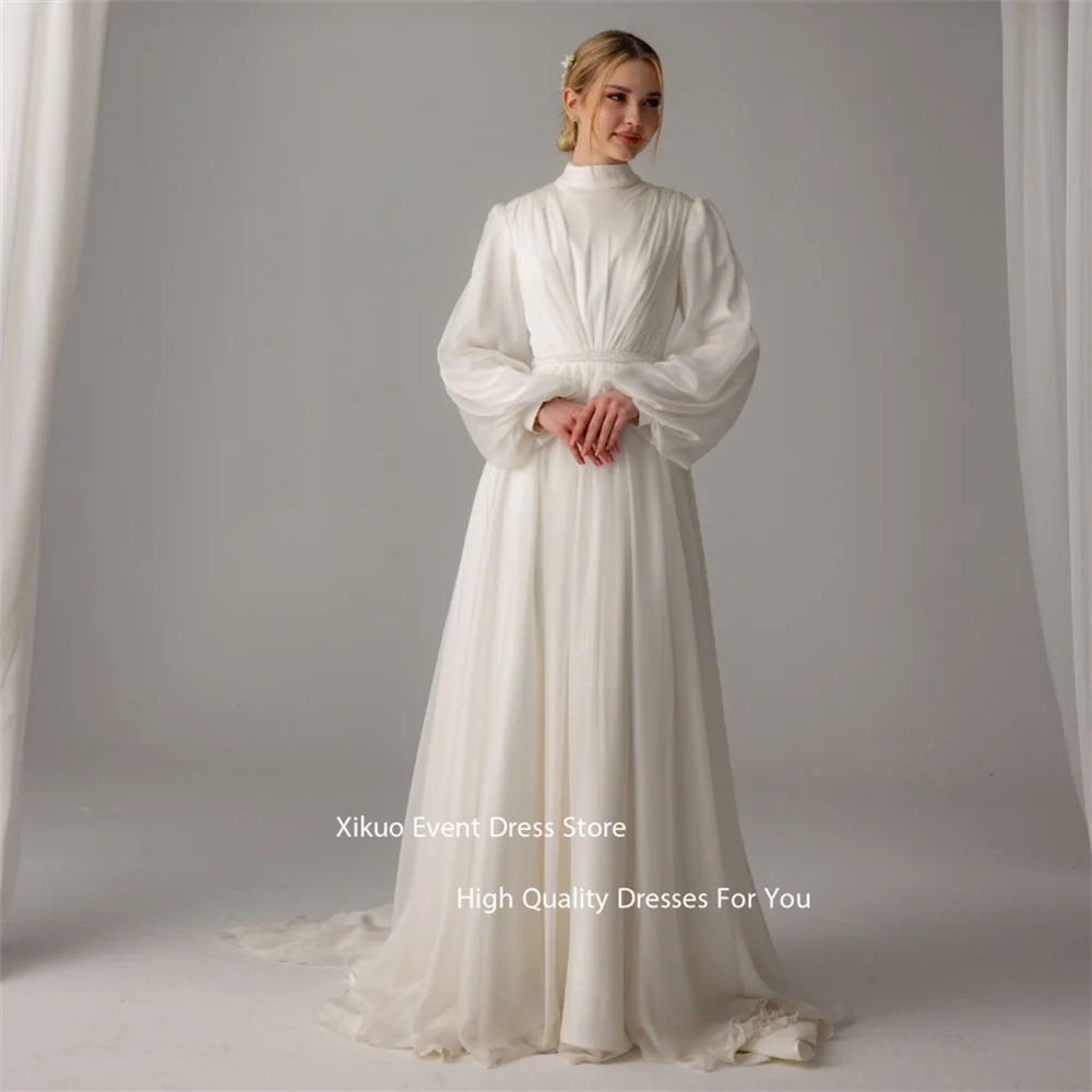 Xikuo moderne une ligne col haut robe De mariée froncé longueur De plancher plissée robe De mariée manches ballon robes De Novia personnalisé