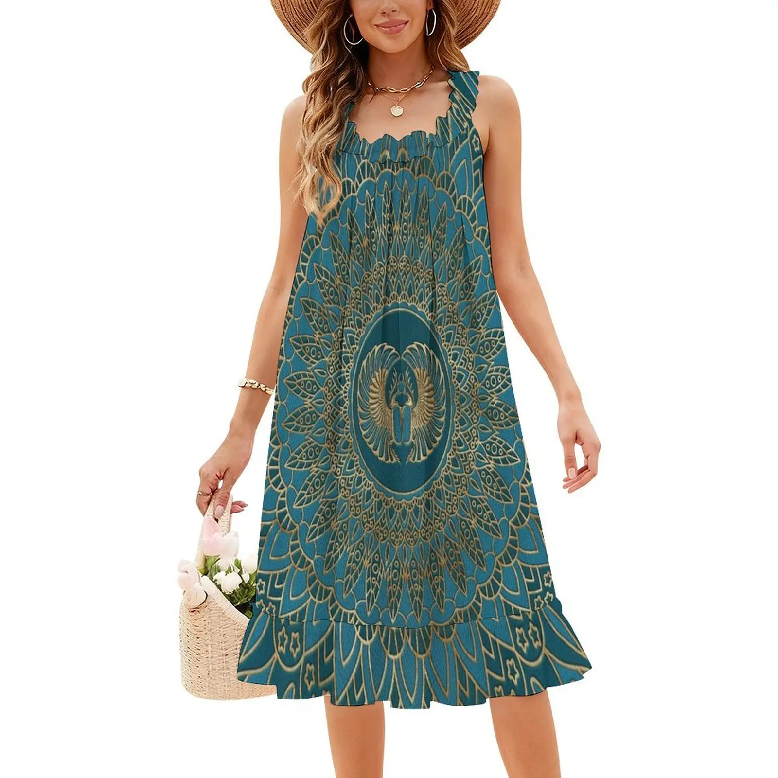 Scarabeo egiziano scarabeo oro su grembiule floreale in pelle verde acqua per donna abito casual primavera estate per festa amuleto scarabeo