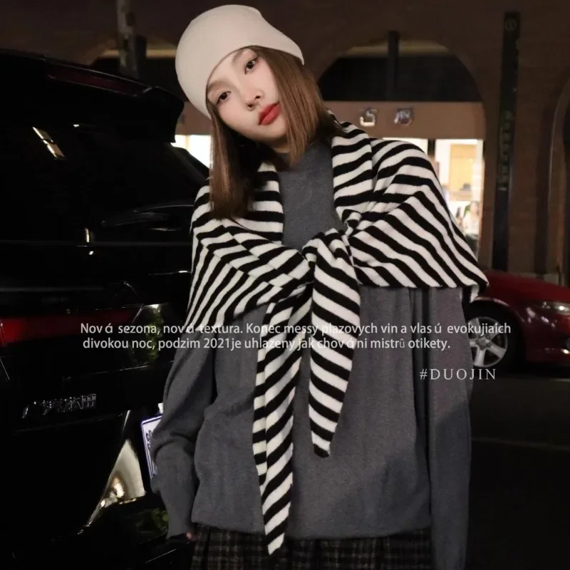 Ins New Striped Triangular Knitted Scarf Shawl Korea Wool-blend Knitted Wraps Autumn Winter Outer Vest Cloak Outer Scarf Women