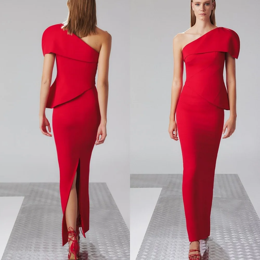 Robe De soirée sirène personnalisée en Jersey rouge De haute qualité, asymétrique épaule dénudée, sans manches, robe De soirée