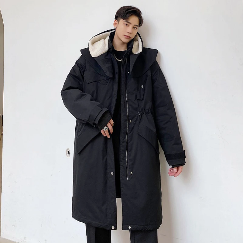 LUZHEN Stylish Long Padded Coat Men's Lamb Wool Liner Hooded Spliced Causal Loose High Quality Overcoat 2024 Winter New LZ7115