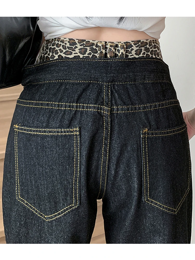 Retro Leopard Black Splicing Denim Pants For Women's Jeans Fake Two-Piece Straight Trendy Street Versatile Girl Fashion New Y2k