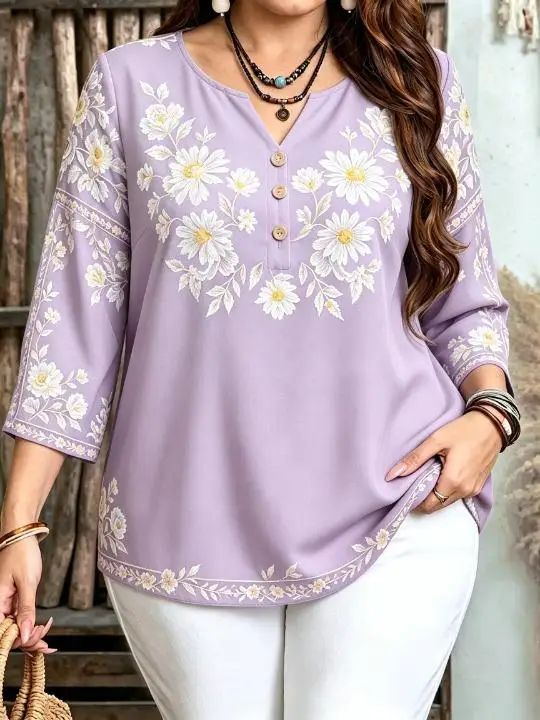 Women Faux‑Embroidery Daisy Floral Print Blouse For Curvy Figures Notched Neck 3/4 Sleeve Loose Casual Ladies Tops