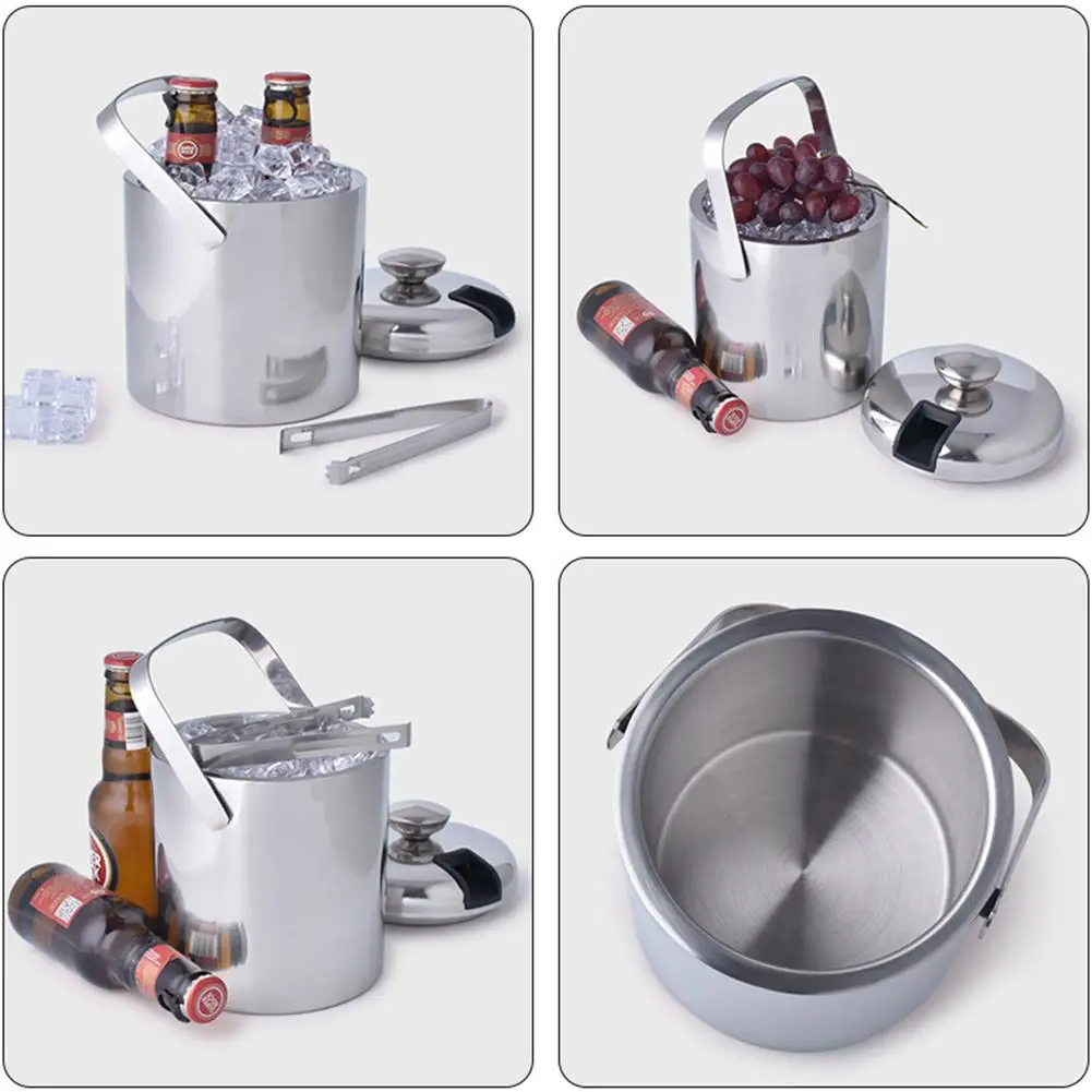 

Double-Wall Stainless Steel Ice Bucket with Lid Strainer and Tongs Cooler Bucket Great for Home Bar Chilling Beer Champagne Wine
