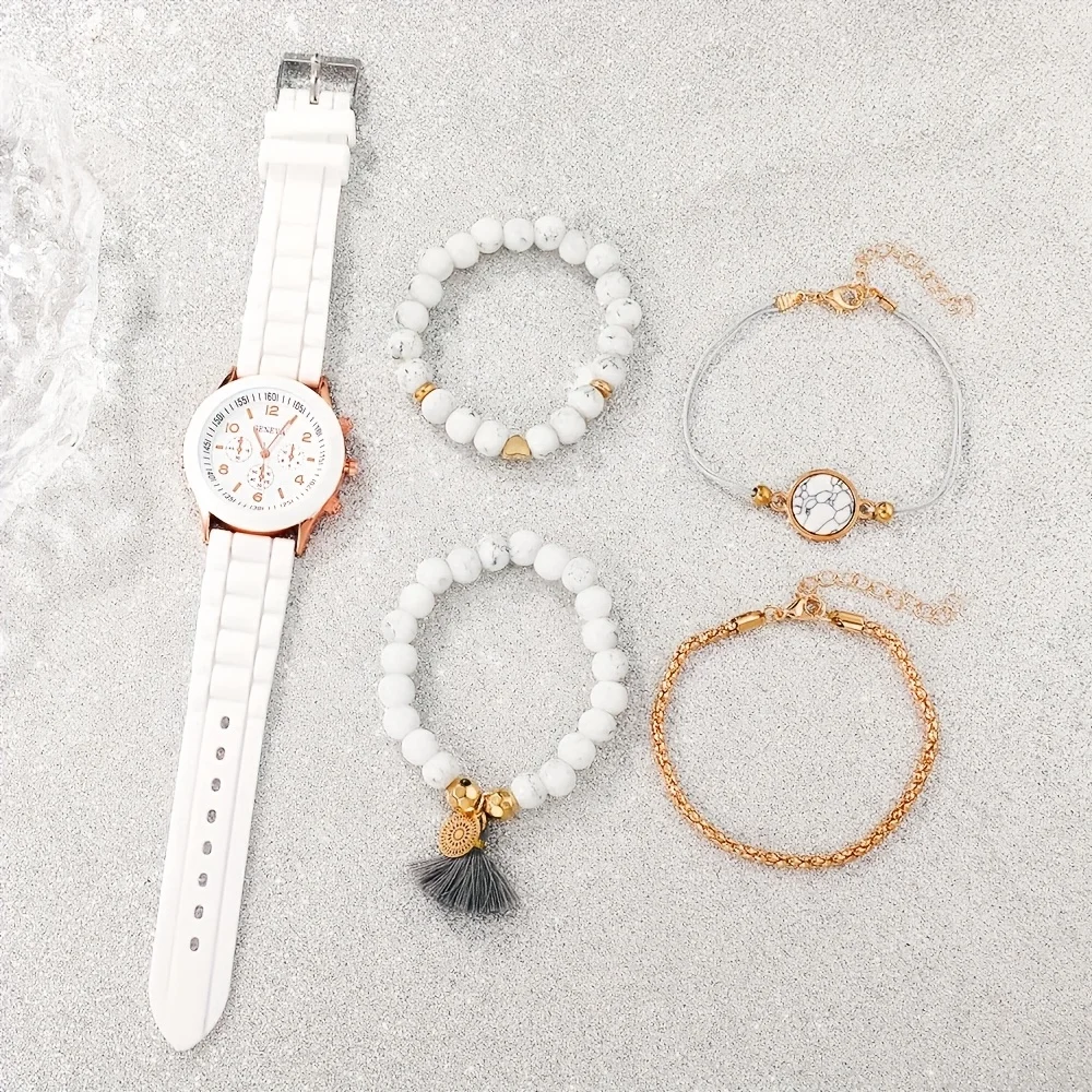 Elegant White Silicone Strap Watch+bracelet Set, Electronic Movement, Precise, Durable Women's Watch (no Box)