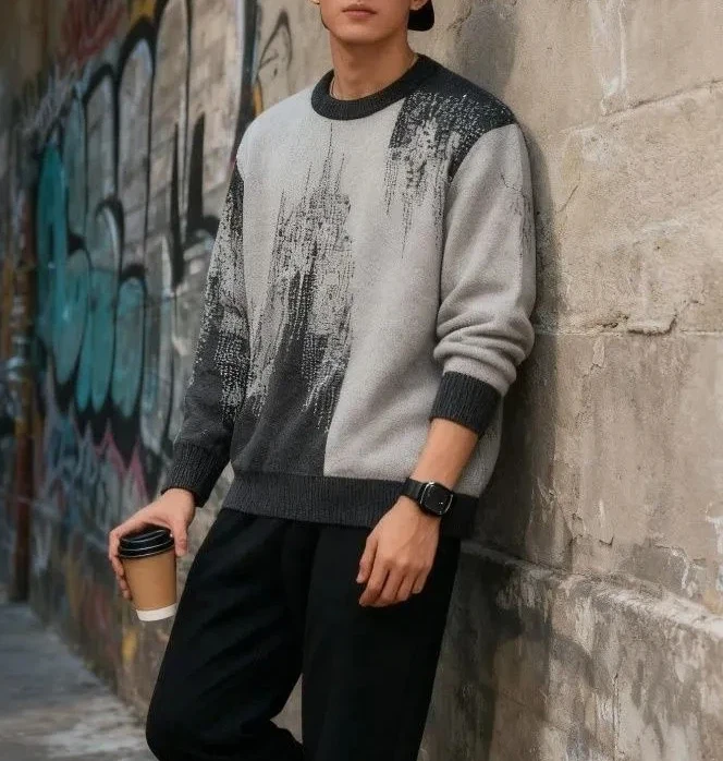 

Loose American Crew Neck Autumn Winter New Style Pullover Comfortable Handsome Lazy Sweater Color Block Jacquard Knit Top