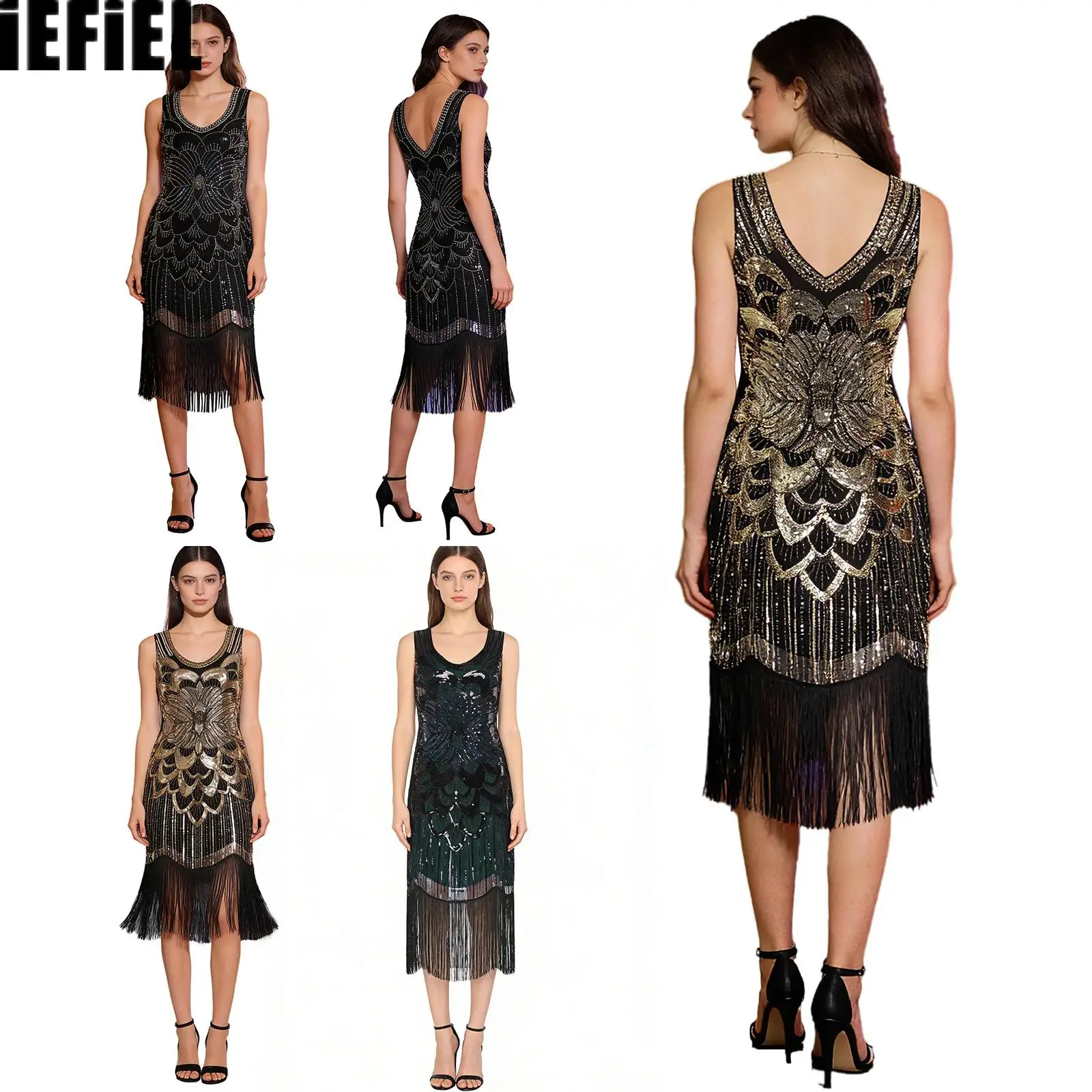

Womens Flapper Party Dress 1920s Vintage Floral with Sequins And Plastic Beads Tassel Hem Dress for Cocktails Evenings