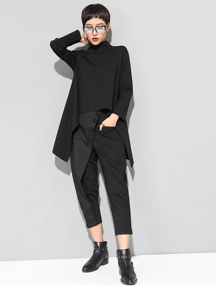 [EAM] Women Black Irregular Hem Back Long Casual T-shirt New Turtleneck Long Sleeve Fashion Tide Spring Autumn 2024 1DF4653