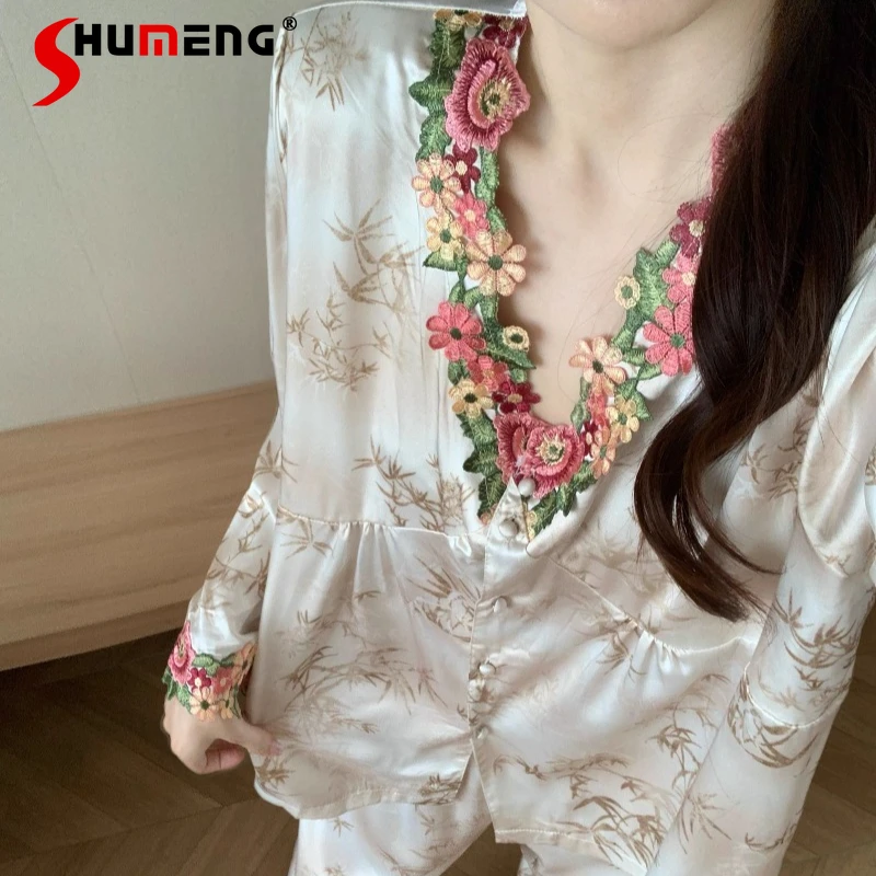 

Printed Satin Ice Silk Pajamas for Women Spring Autumn New Luxury Homewear Set Female Japanese High End Long Sleeve Sleep Suit