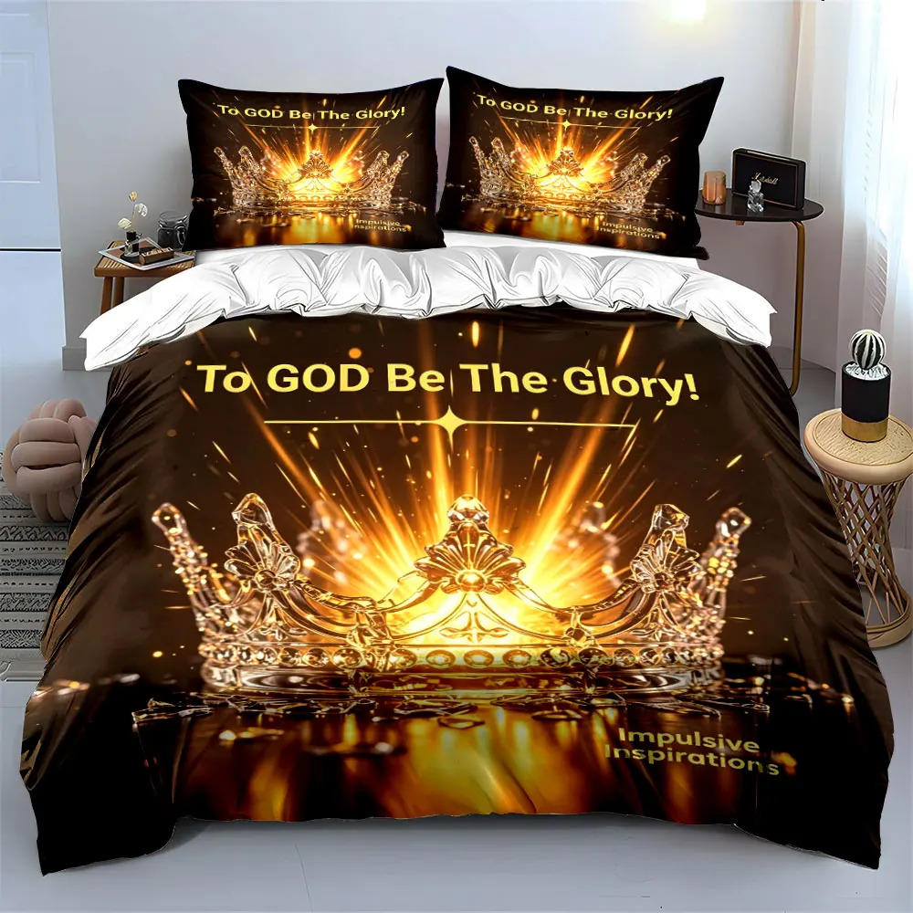 Christian Crystal Crown Glory To God Bedding Set,Golden Light Sparkle Broken Crystal Crown Verse Print Religious 3PC, Home Decor