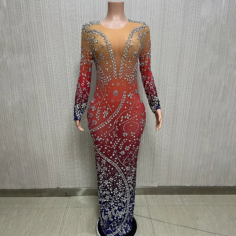 반짝 이는 그라디언트 라인 석 드레스 긴 소매 댄스 파티 드레스 이브닝 드레스 여성 생일 축하 의상 레이브 복장 XS5693