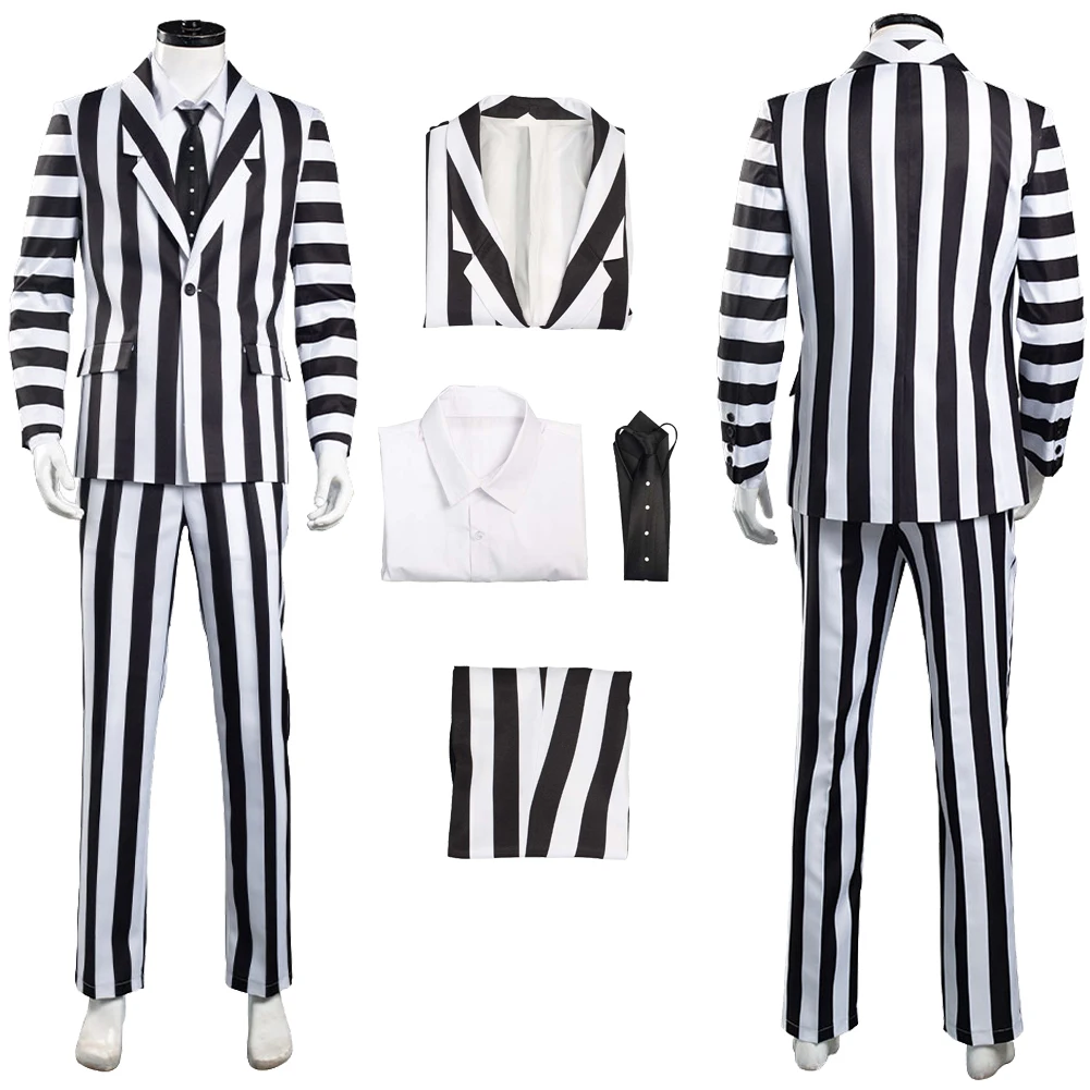 Betelgeuse Cosplay Fantasia Vertical Stripe Suit Movie Juices Disguise Adult Men Fantasy Halloween Party Clothes