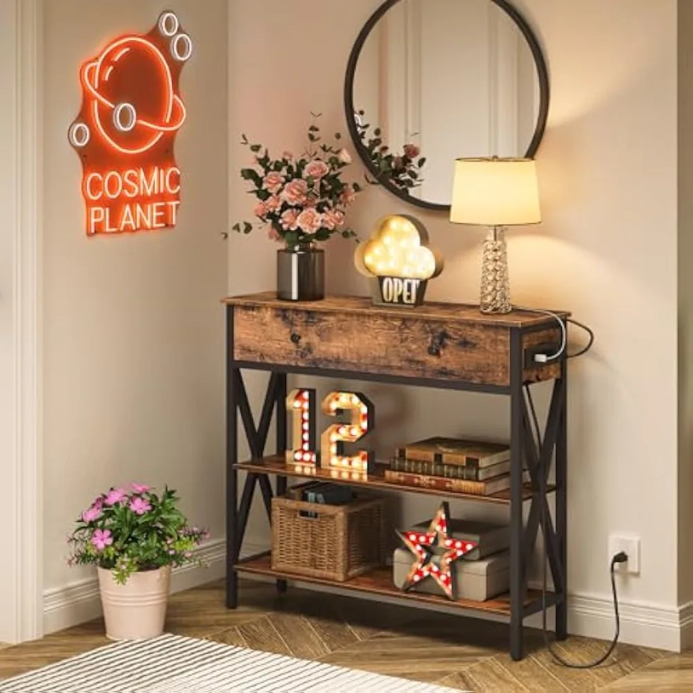 

Console Table with Outlets and USB Ports, Narrow Entryway Table with Drawer, Small Sofa Table with 2 Storage Shelves