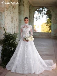 Modest High Collar A-line Lace Wedding Dress Elegant Long Sleeve Bridal Gown 2025 Customized White Dresses For Bride