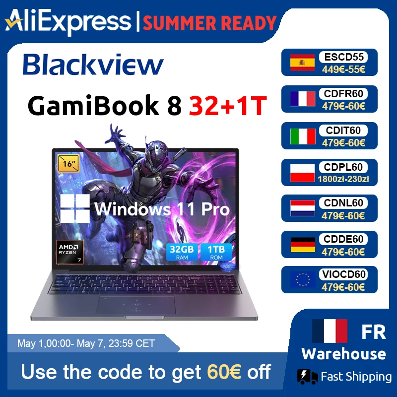 Blackview ‎ GamiBook 8 AMD R7 7735HS 16-Zoll-Laptop mit 5000 mAh Akku, 16 GB LPDDR5 RAM, 512 GB ROM, Windows 11 Pro, BT5.2, WLAN 6, Tastatur mit Hintergrundbeleuchtung