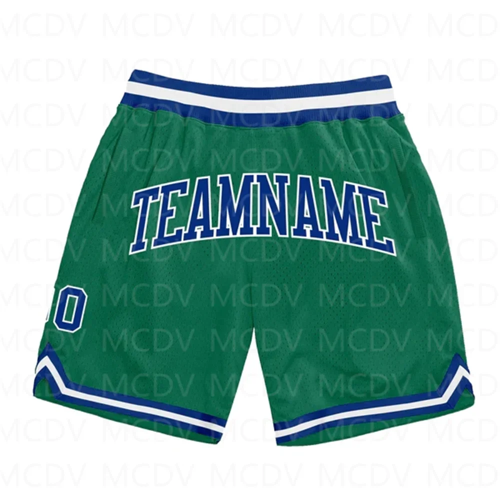 Shorts de basquete kelly verde royal-branco autêntico dos homens, shorts de praia de secagem rápida, impresso em 3D, personalizado