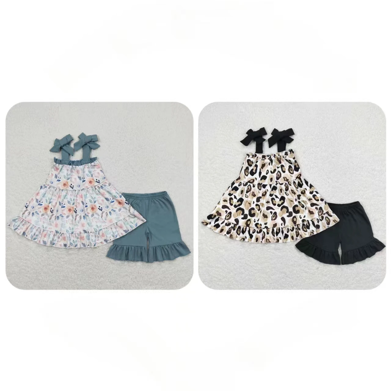 

Wholesale Children Summer Infant Two Pieces Outfit Toddler Sleeveless Floral Leopard Tunic Kids Cotton Shorts Baby Girl Set