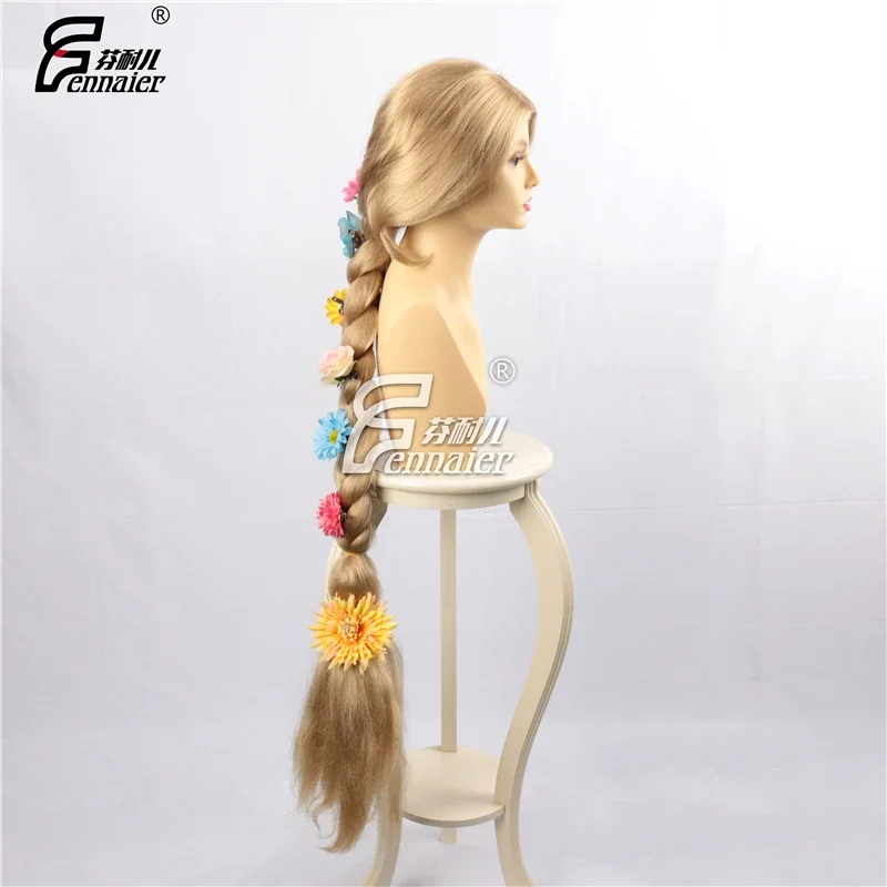 Halloween Vrouwen Prinses Tangled Rapunzel Cosplay Pruik Blonde Vlecht Haar Rol Spelen Lang Gouden Gevlochten Haar Met Bloemen