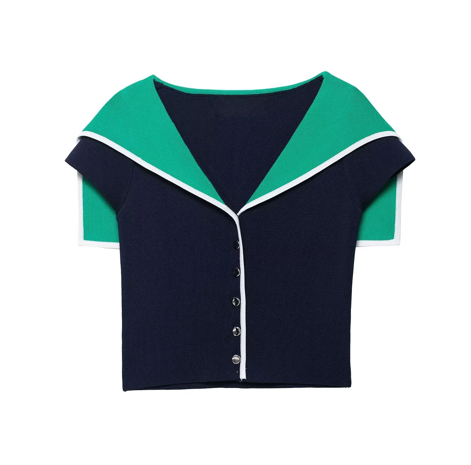 

2025 women's summer new contrast color lapel casual fashion personality navy collar short sleeve knitted cropped top