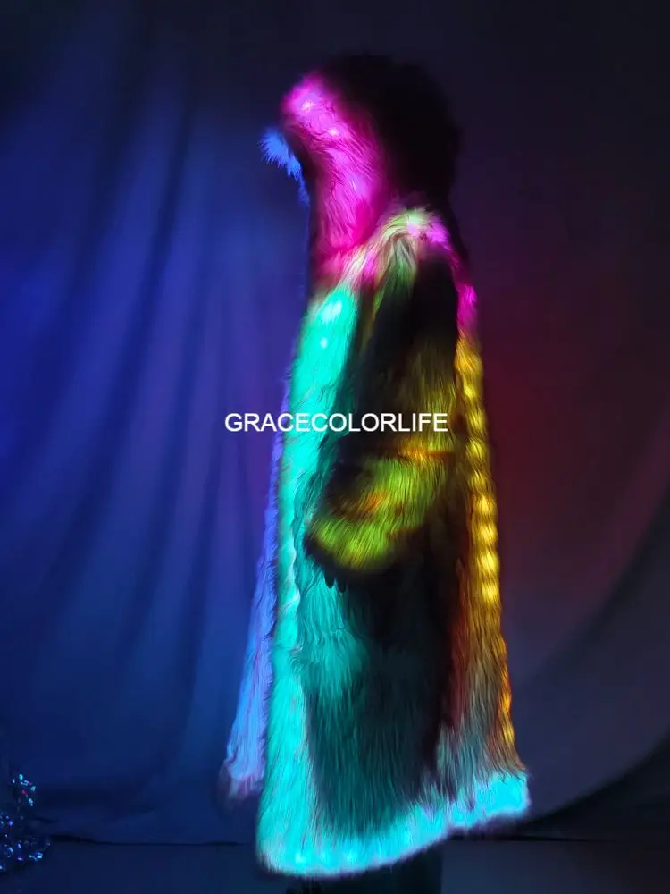 Women's Light Up LED Faux Fur Coat Rave Party Costume Club Performance Jacket Plus Size