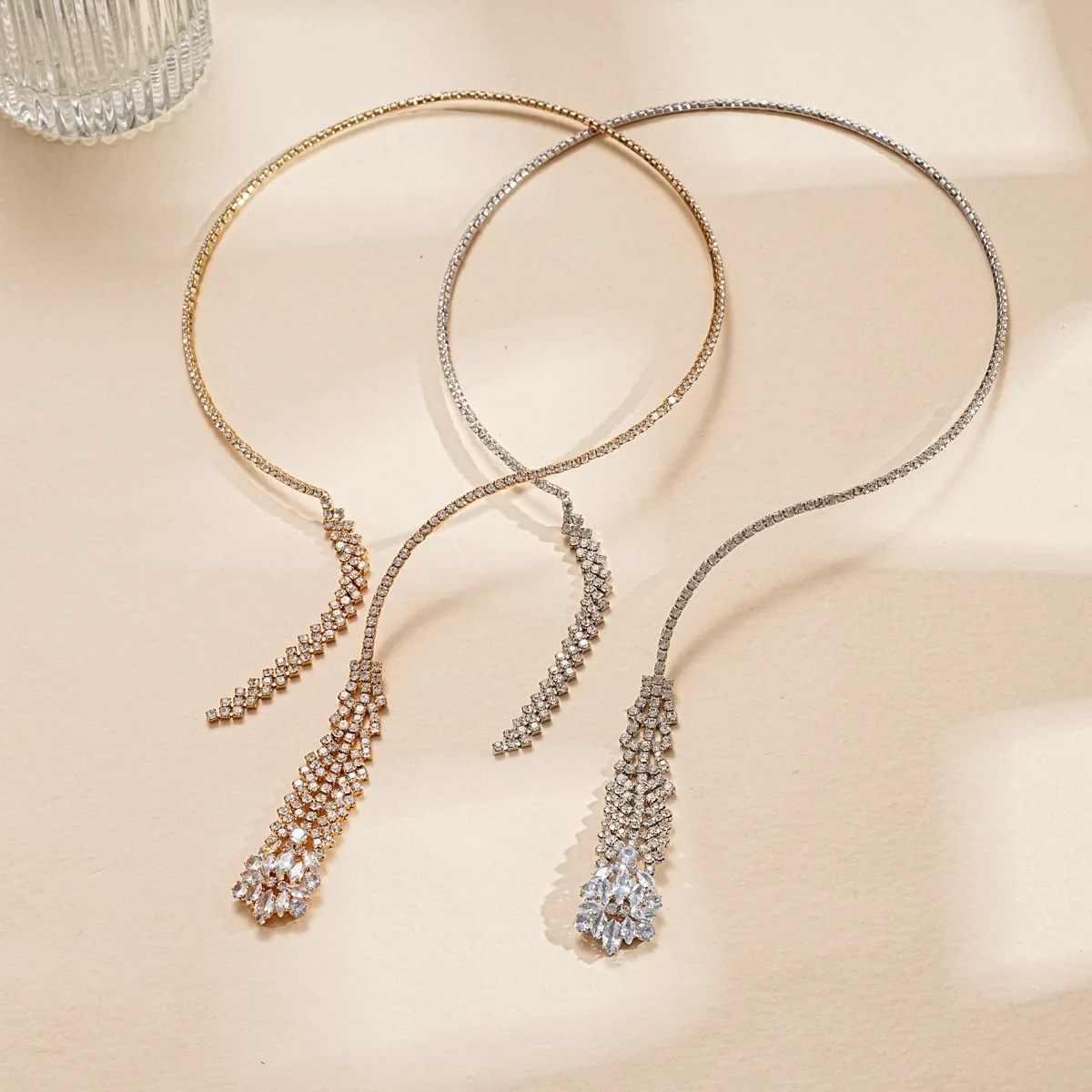 European and American cross-border diamond-encrusted zircon fringed necklace, personalized fashion versatile collarbone chain, l