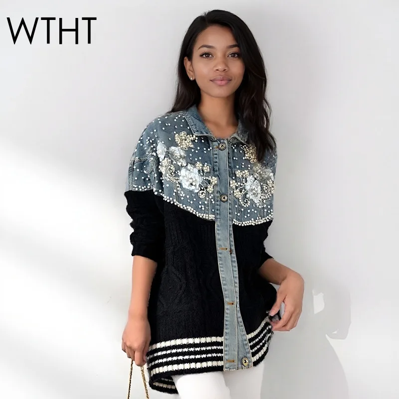 

WTHT Fashion Women's Heavy Industry Diamonds Patchwork Denim Knit Cardigan 2025 Winter Lapel Long Sleeves Sweater Female 1LS2719