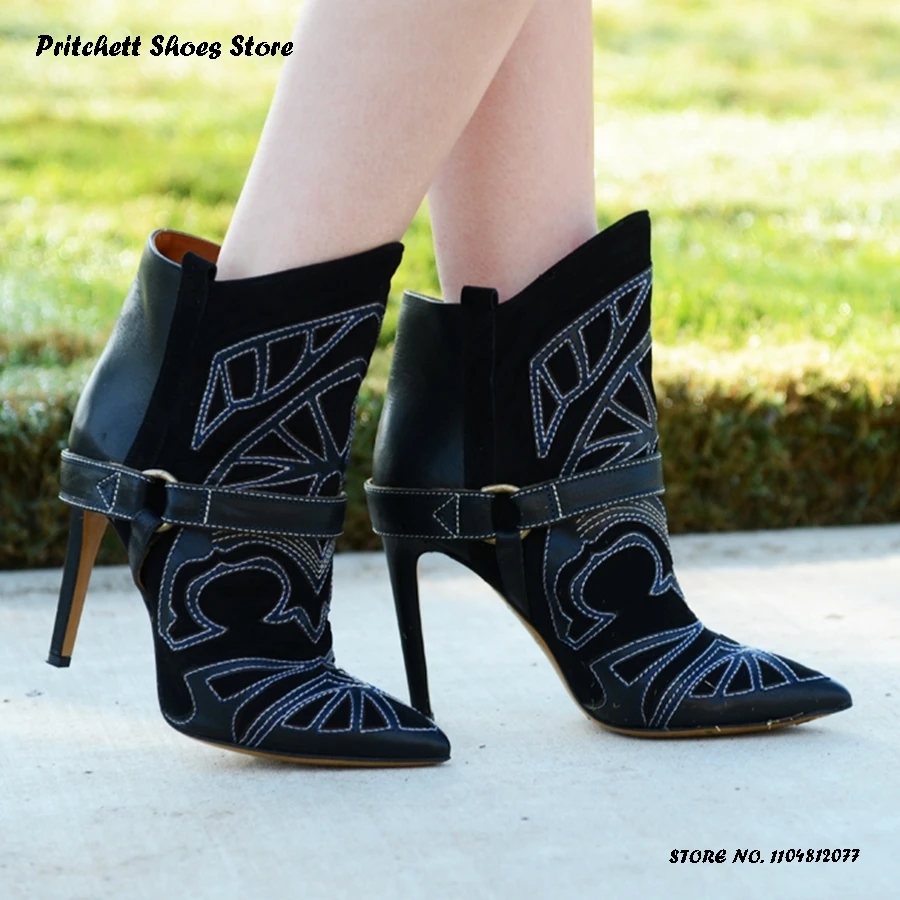 Women's Embroidery Suede Ankle Boot Spring Autumn Belt Buckle Pull On Trending Shoes Pointed Toe Thin Heels Western Booties
