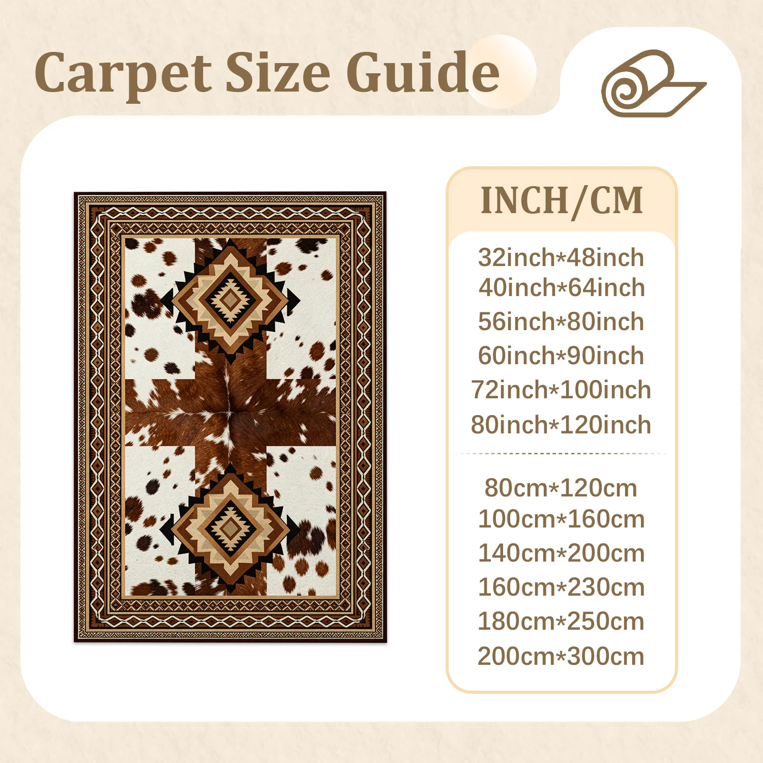 Southwestern Aztec Cowhide Geometric Pattern Area Rug, Velvet Machine Washable Floor Rug, Suitable for Living Room, Bedroom, Dining Area, Ideal for Halloween, Thanksgiving, Christmas, New Year Home Decor