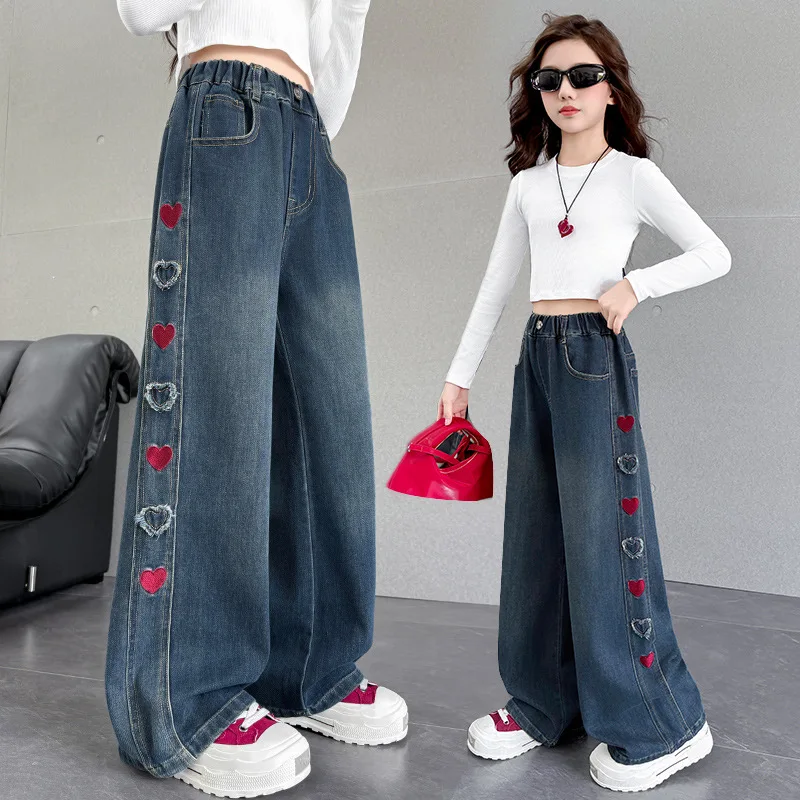 

Girls' Spring and Autumn Jeans New Mid Big Children's Straight Leg Pants Girls' Side Love Embroidered Wide Leg Denim Trousers