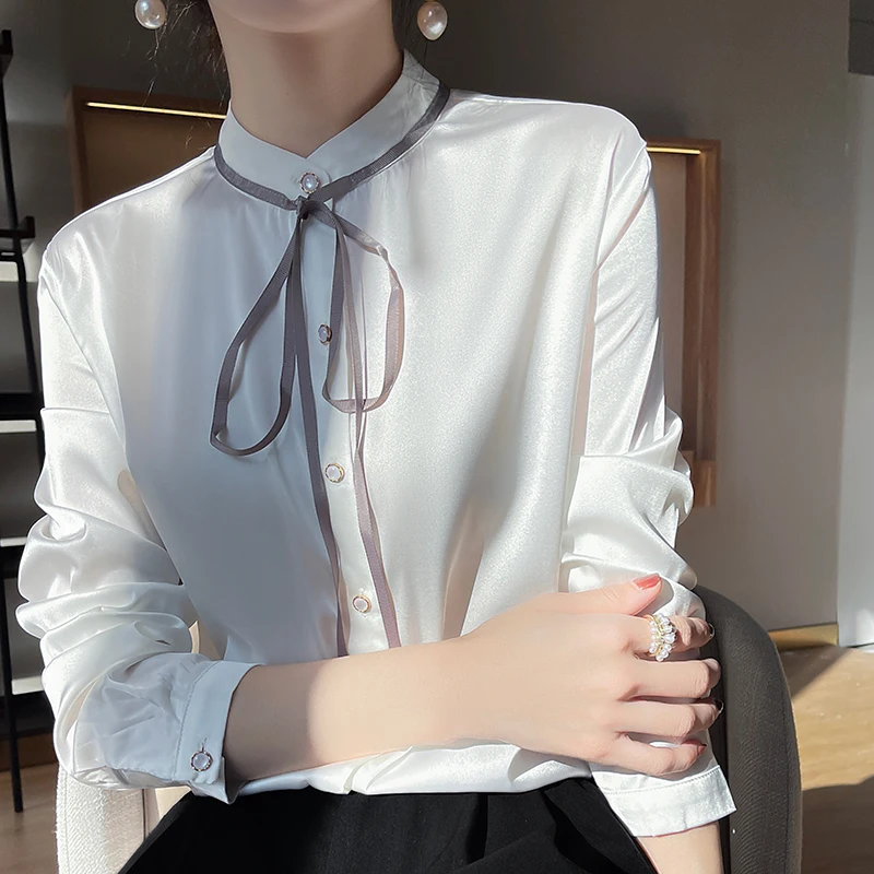 Silk Shirt for Women Smooth Elastic Satin Shirt Versatile Long Sleeved Top, Bow Decoration Base Shirt, Spring, Summer, New, 2022