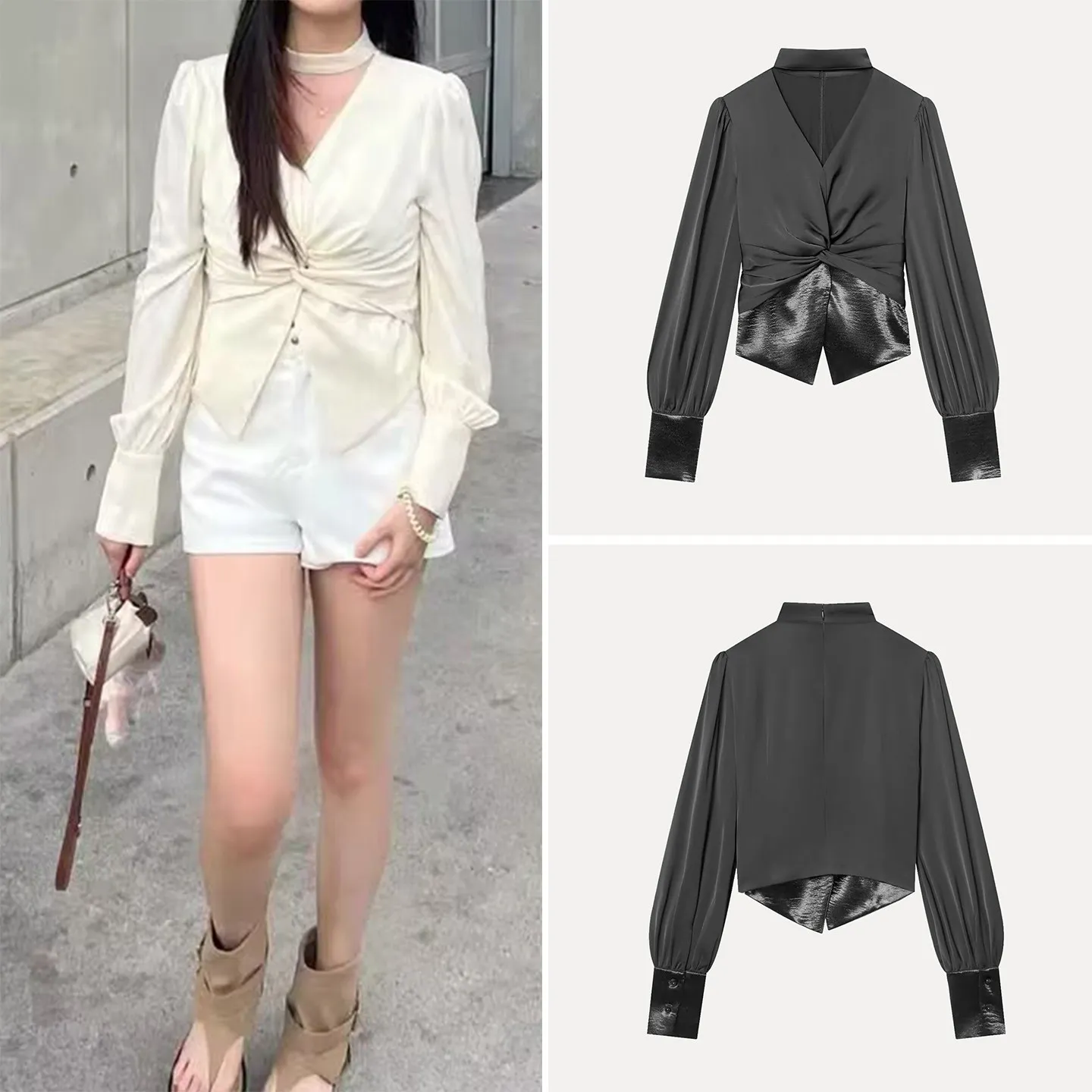 Faionable V-ne Long Sve irt Dames Winter Nieuw Sle Eenvoudig Matchable Ne Hangende taille-cinching Patchwork irt