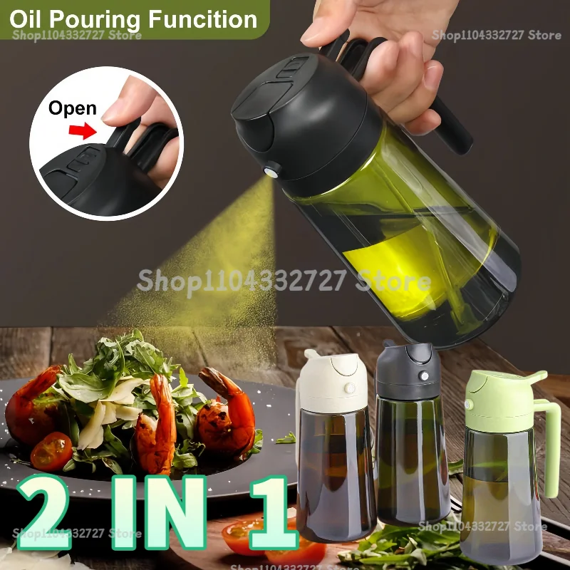 Dispensador de Aceite de Oliva 2 en 1 - Rociador y Vertedor, Botella Verde Oscura de 500ml, para Cocina, con Soporte para Especias