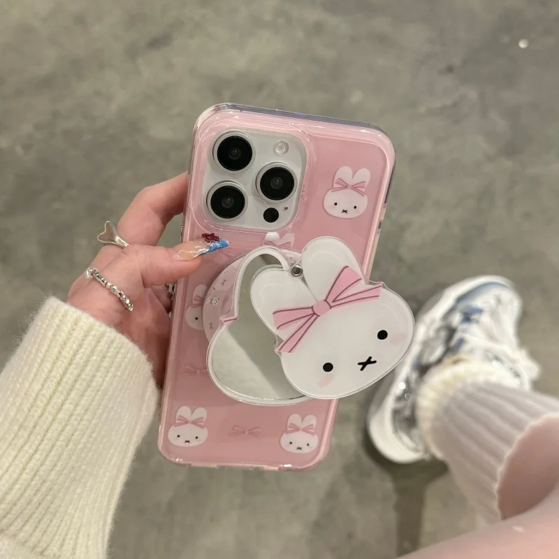 Niedliche Cartoon Rosa Miffy Magnetische Magsafe Kabellose Ladehülle für iPhone 16 15 14 13 17Pro Max Hasen-Schminkspiegel-Cover