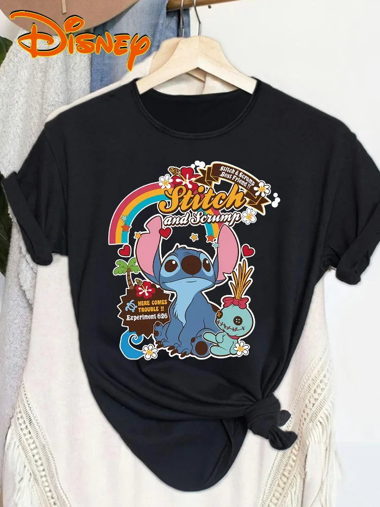 تي شيرت نسائي من Disney Stitch and Lilo مطبوع عليه Y2K برقبة دائرية لباس غير رسمي مع نجوم ممتعة على شكل قلب وقميص بنمط استوائي