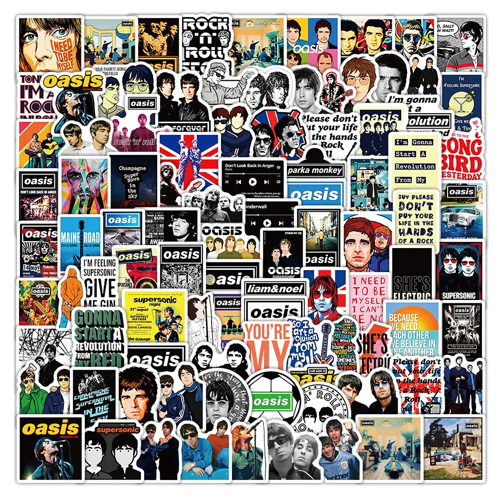 100Pcs Oasis Band Season 1 Themed Decor Stickers Waterproof Rock Music Decals for Laptop Luggage DIY Decor Papery Pop Store