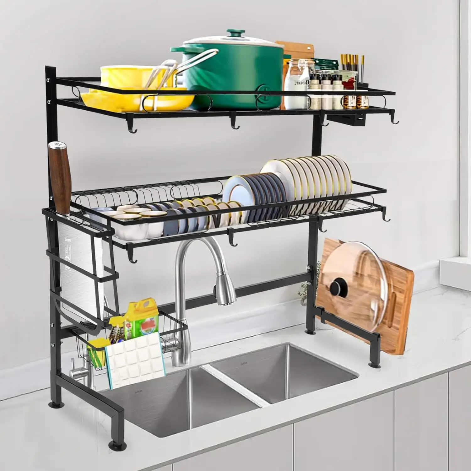 رف تجفيف الأطباق فوق الحوض، رف أطباق متعدد الوظائف بطبقتين فوق الحوض، رف تجفيف أطباق المطبخ بمساحة تخزين كبيرة #4