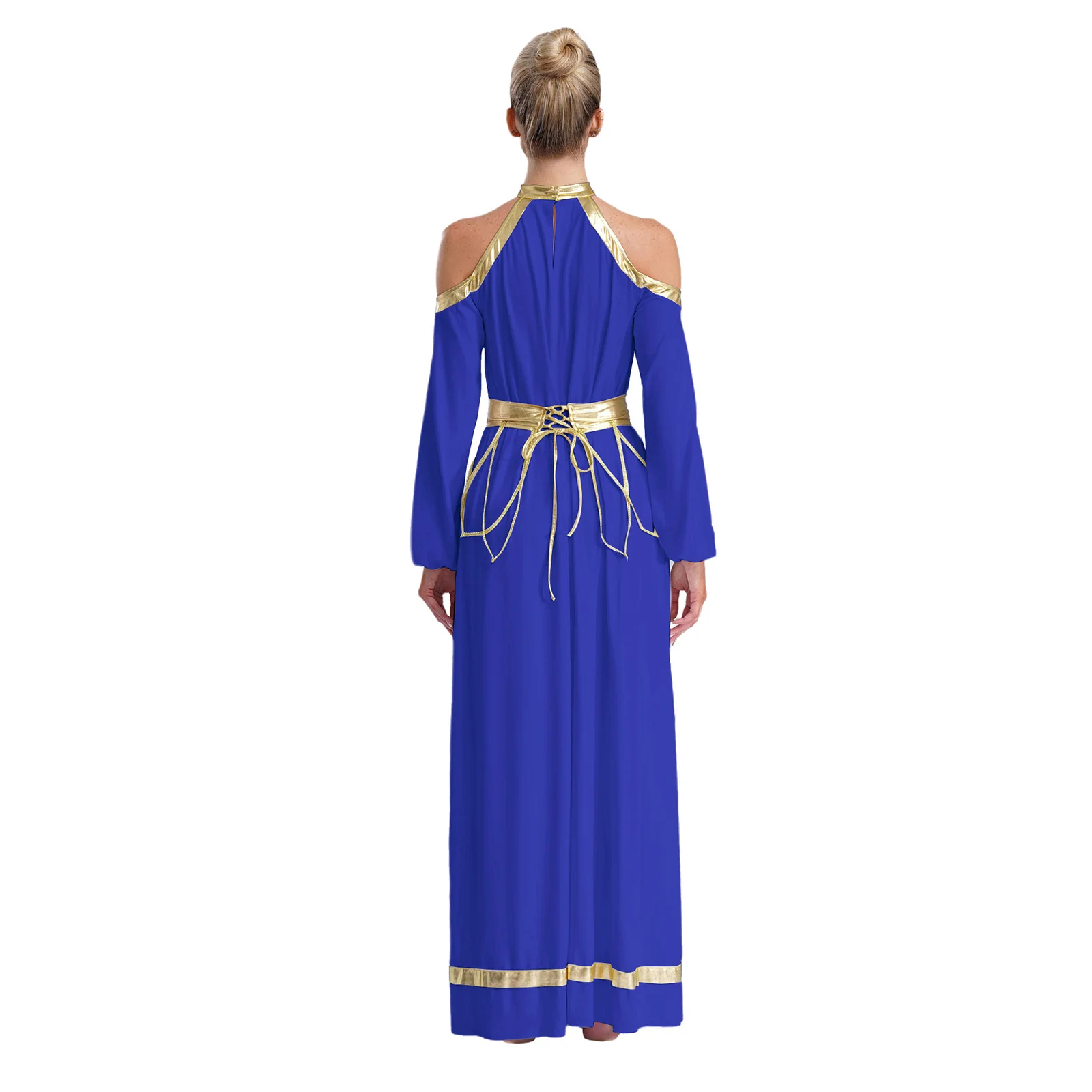 Women Liturgical Praise Performance Dance Costume Choir Robe Cold Shoulder Long Sleeve Metallic Trim Maxi Dress with Belt