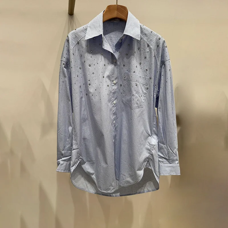 Camisa holgada de manga larga para mujer, Blusa con cuello vuelto y diseño de diamantes, con botonadura única, Primavera, 2024